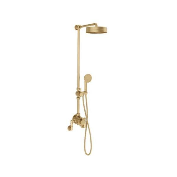 Crosswater Exposed Shower Set Unlacquered Brushed Brass Crosswater MPRO Industrial Exposed Shower Valve Set with Adjustable Riser, Fixed Head and Handset