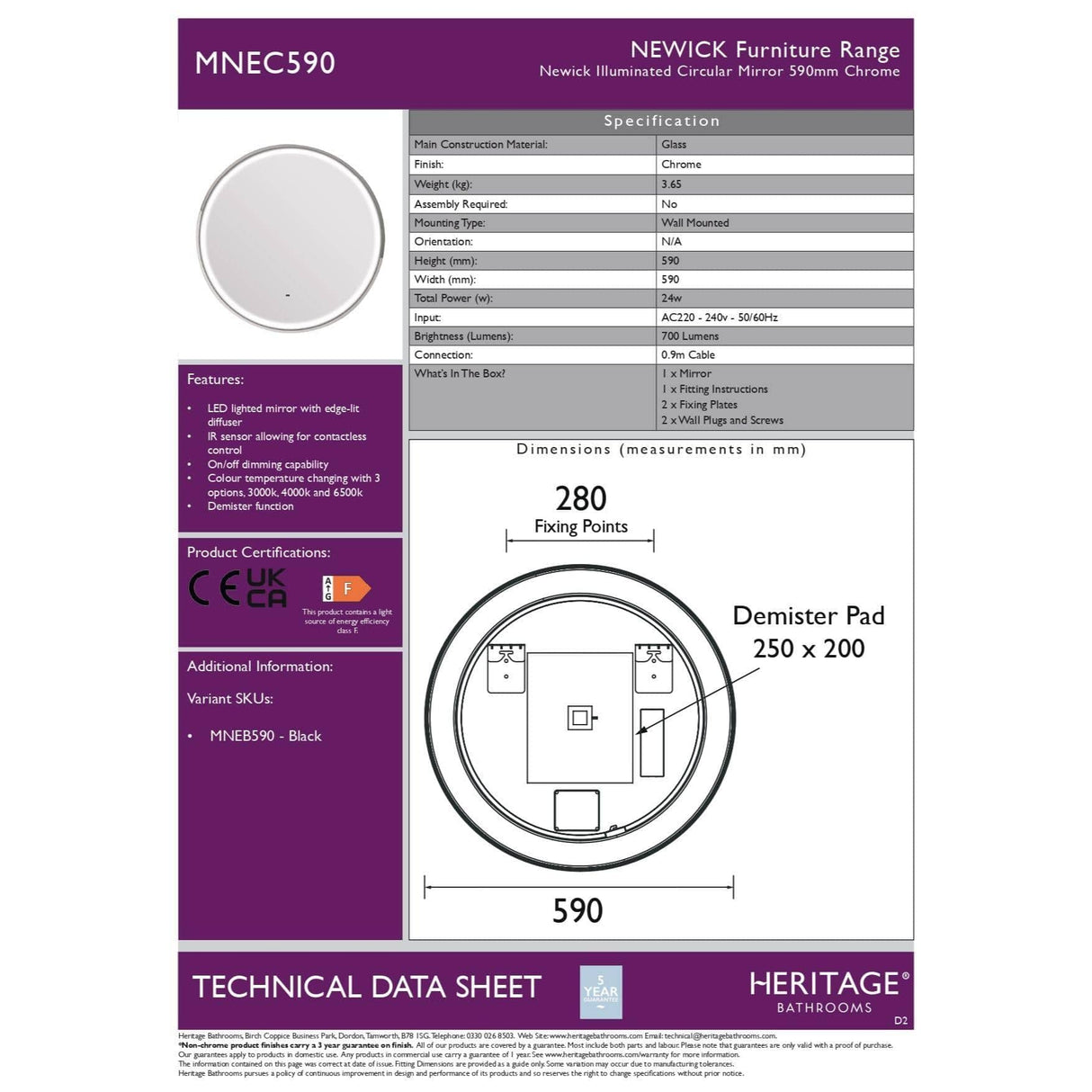 Heritage Illuminated Mirror Heritage Newick Illuminated Circular Mirror with Demister