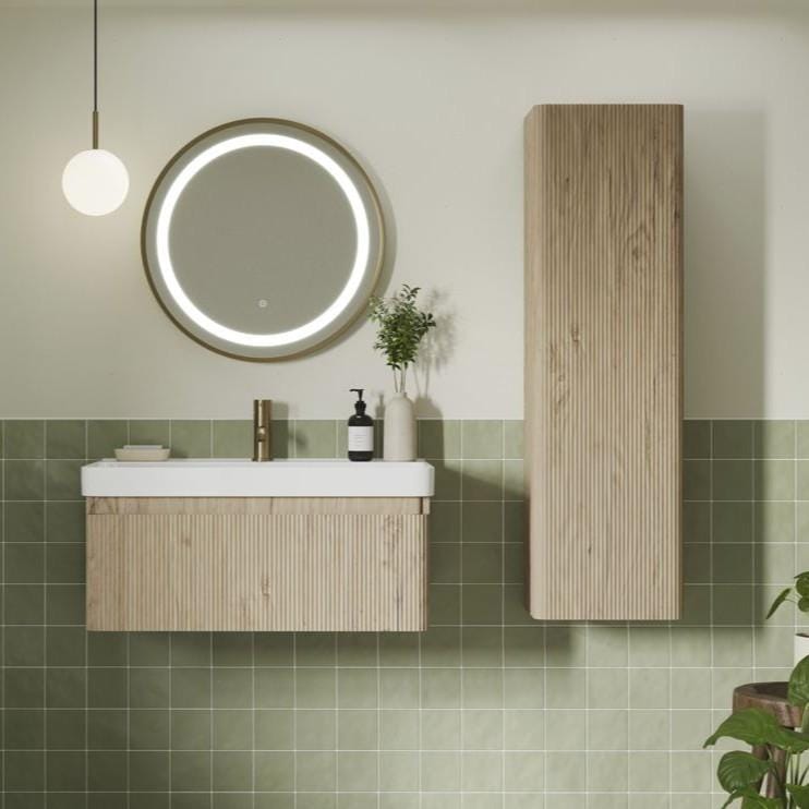 Aquarius Bathrooms Wall Mounted Vanity Unit 805mm Aquarius Corinthe Fluted Wall Mounted One Drawer Vanity Unit with Basin in Textured Oak