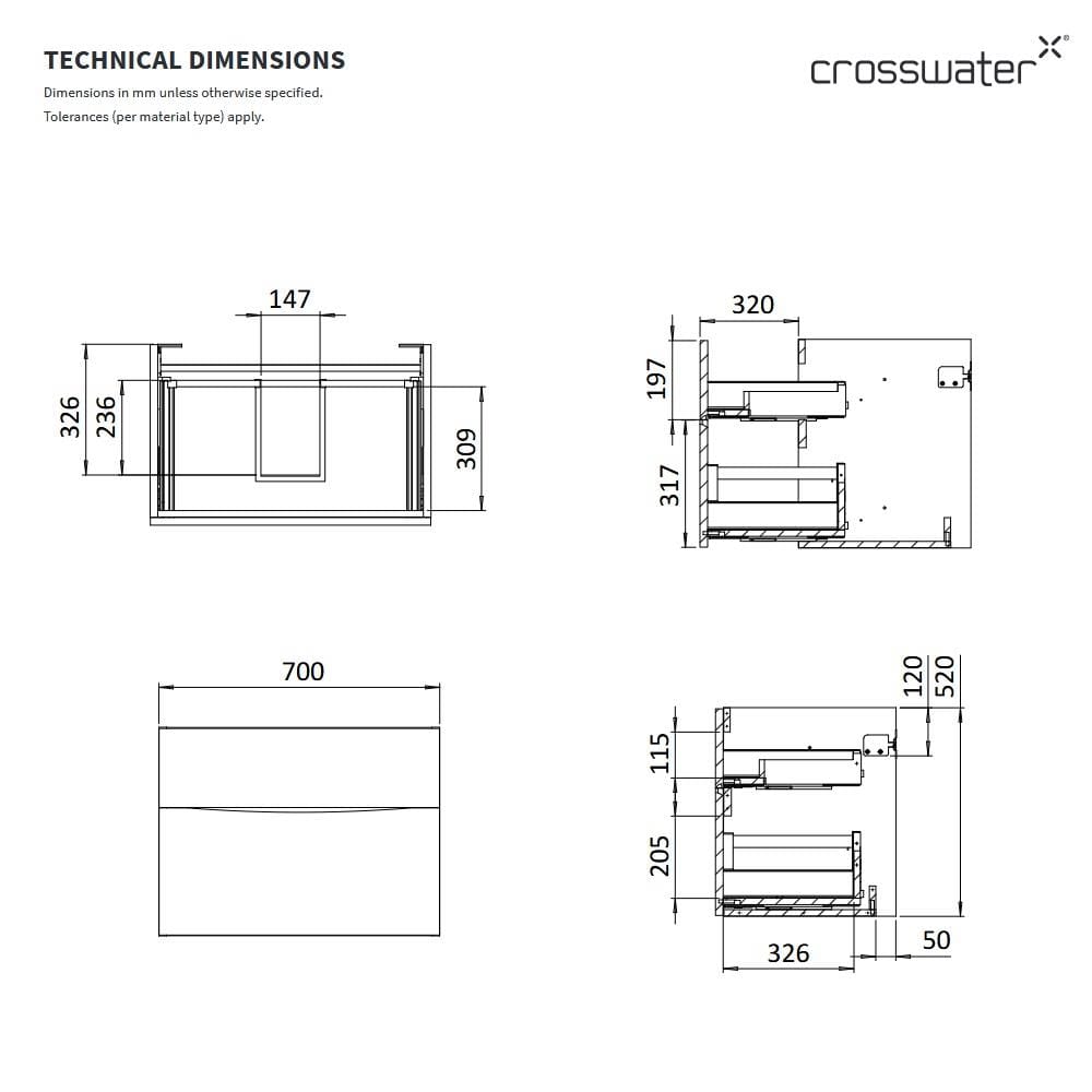Crosswater Wall Mounted Vanity Unit Crosswater Glide II Wall Mounted Two Drawer Vanity Unit with Worktop