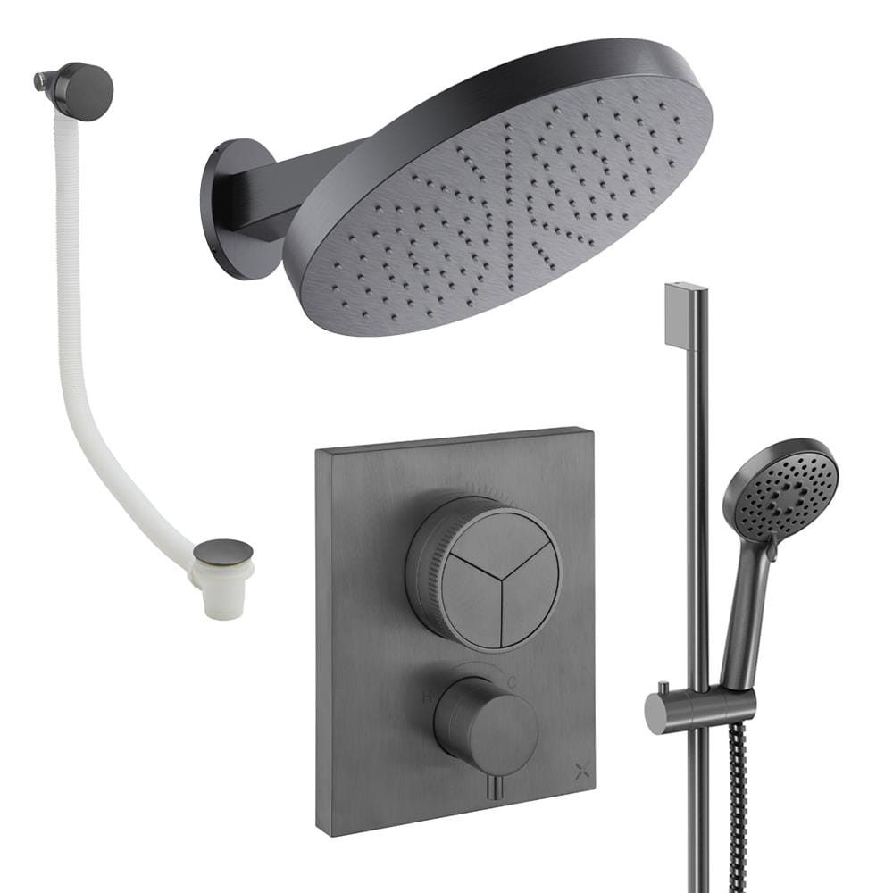 UK Bathroom Store Concealed Shower Set Slate Crosswater Crossbox Push Shower Set 10 - 3 Outlet with Revive Steel Overhead Shower, Slide Rail Kit and Overflow Bath Filler Waste