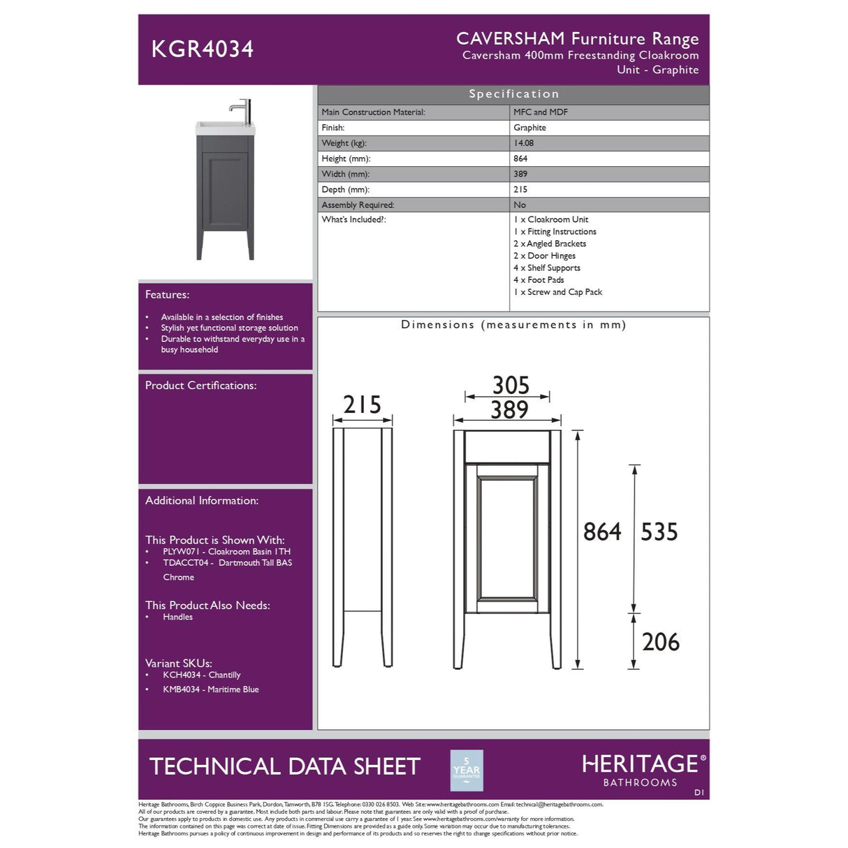 Heritage Caversham 400mm Floor Standing Cloakroom Unit with 1 Tap Hole Basin