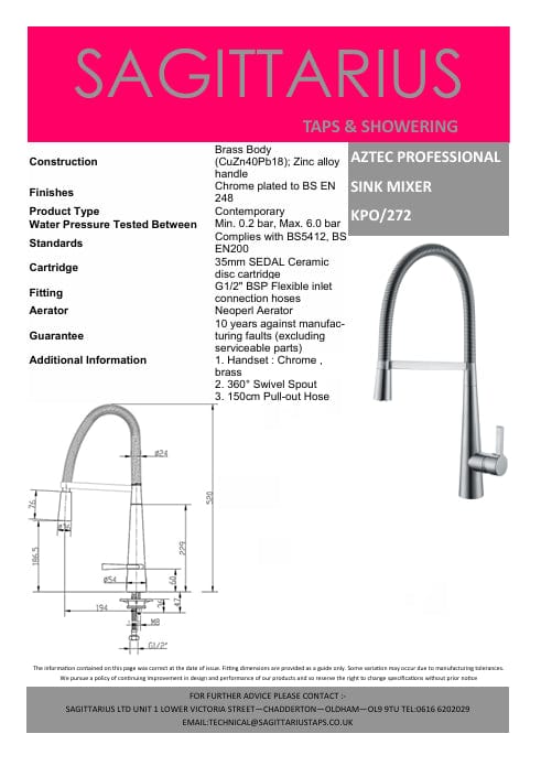 Sagittarius Kitchen Tap Sagittarius Aztec Mono Kitchen Sink Pull-Out Mixer Tap in Chrome