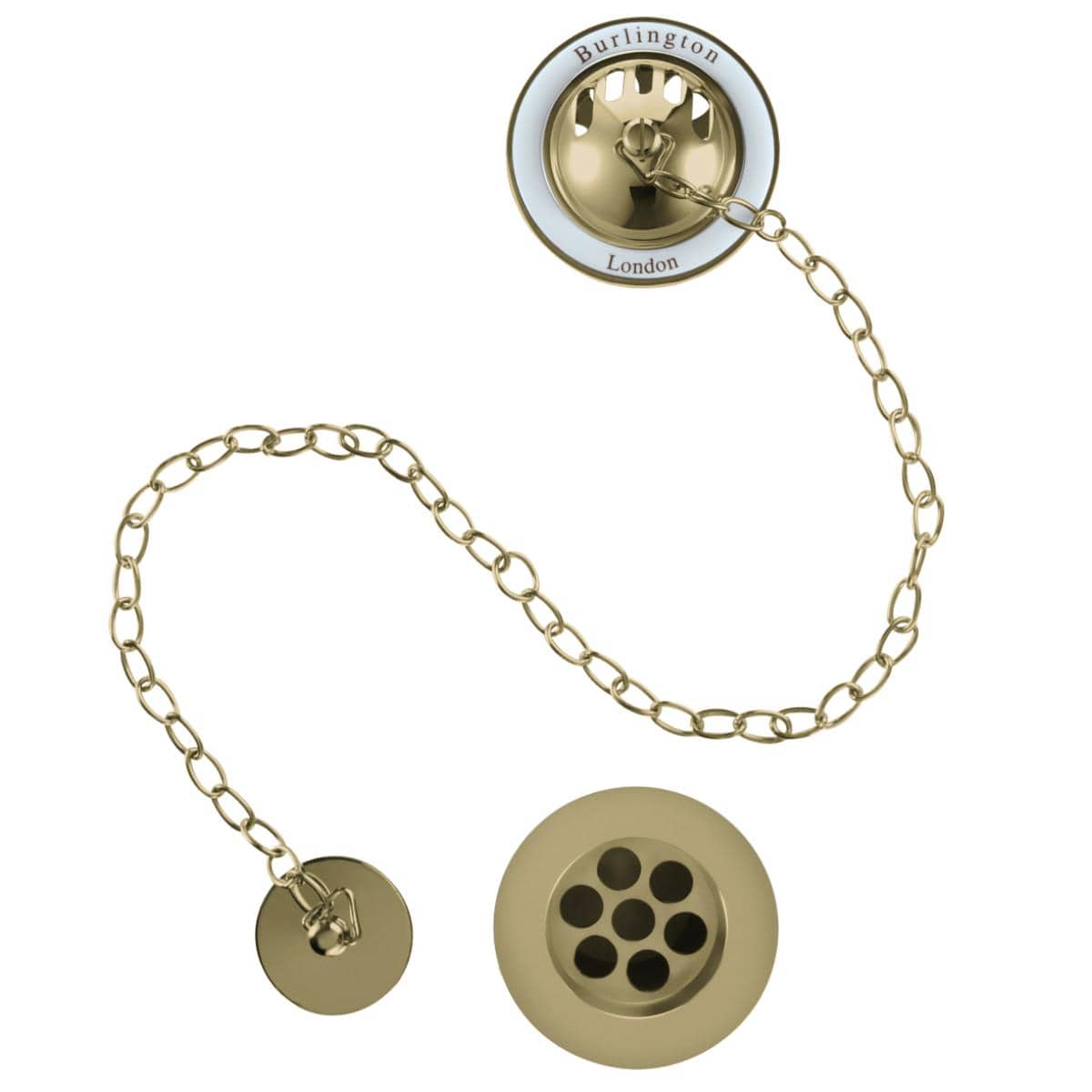 Burlington Bath Waste Gold with White Ceramic Burlington Bath Overflow, Plug and Chain Waste