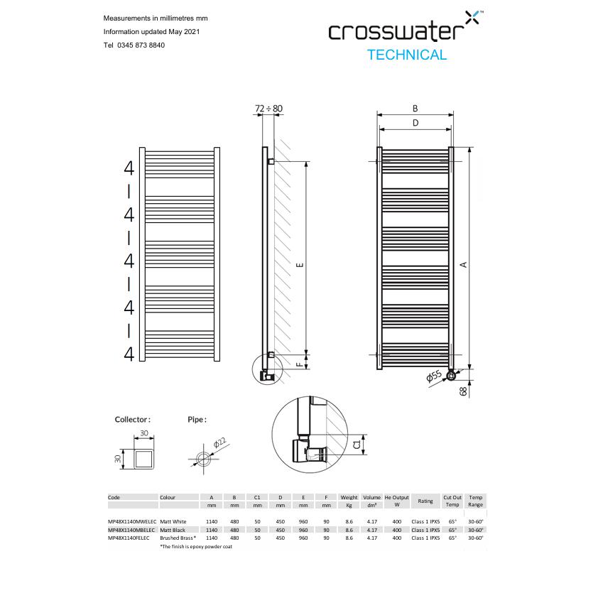 Crosswater Ladder Rails Crosswater MPRO All Electric Towel Warmer in Brushed Brass