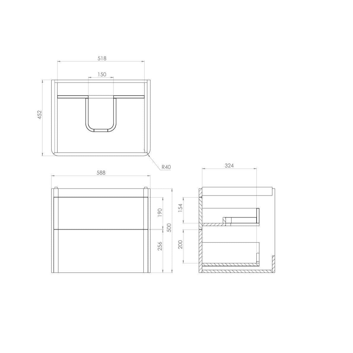 Saneux Wall Mounted Vanity Unit Saneux Hyde Vanity Unit With Basin - 600 x 460mm - Two Drawer - Wall Mounted