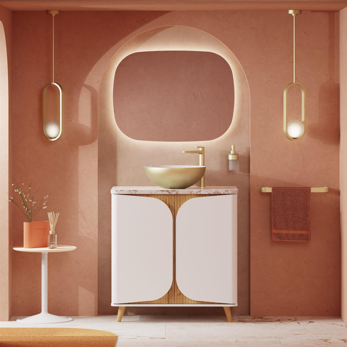 Crosswater Floor Standing Vanity Unit Matt White / Crosswater Tambour Worktop - Gold Vein Estatuario Crosswater Tambour 800mm Floor Standing Two Door Vanity Unit with Basin or Worktop