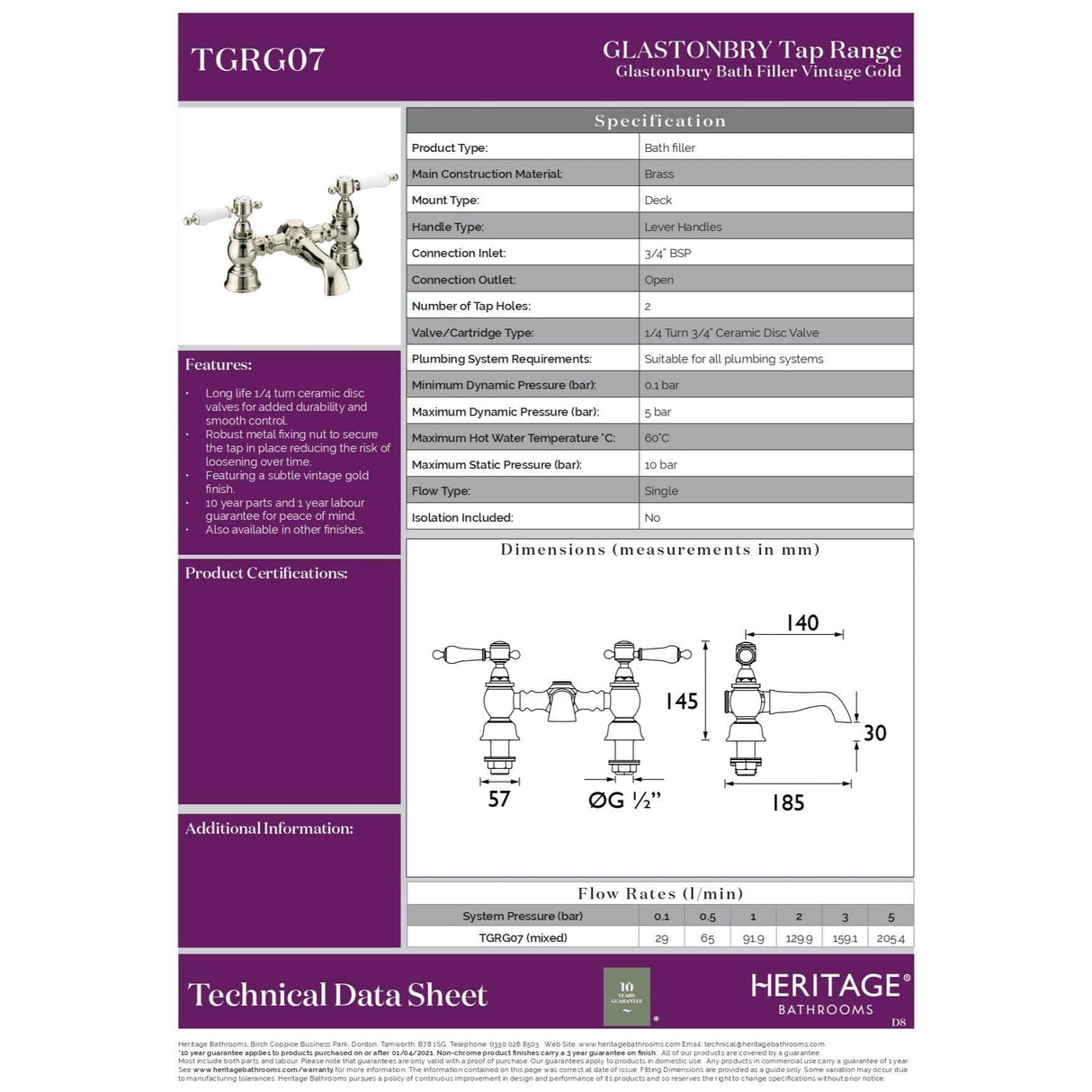Heritage Bath Mixer Heritage Glastonbury Bath Filler Tap