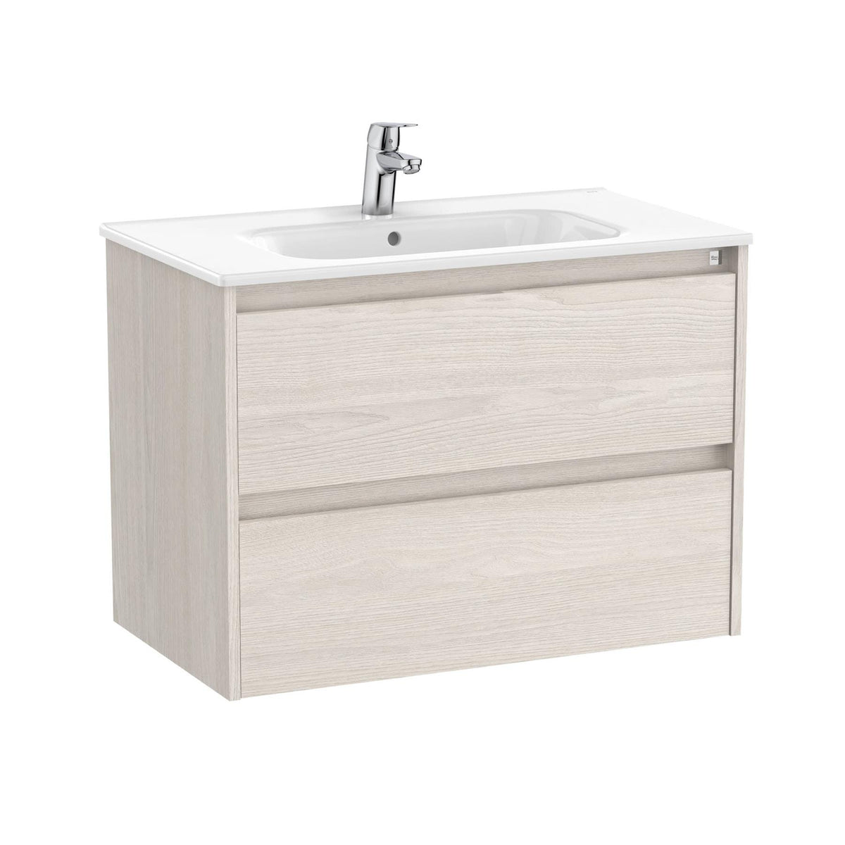 Roca Wall Mounted Vanity Unit Nordic Ash Roca Tenet 800mm Wall Mounted Two Drawer Vanity Unit with Basin