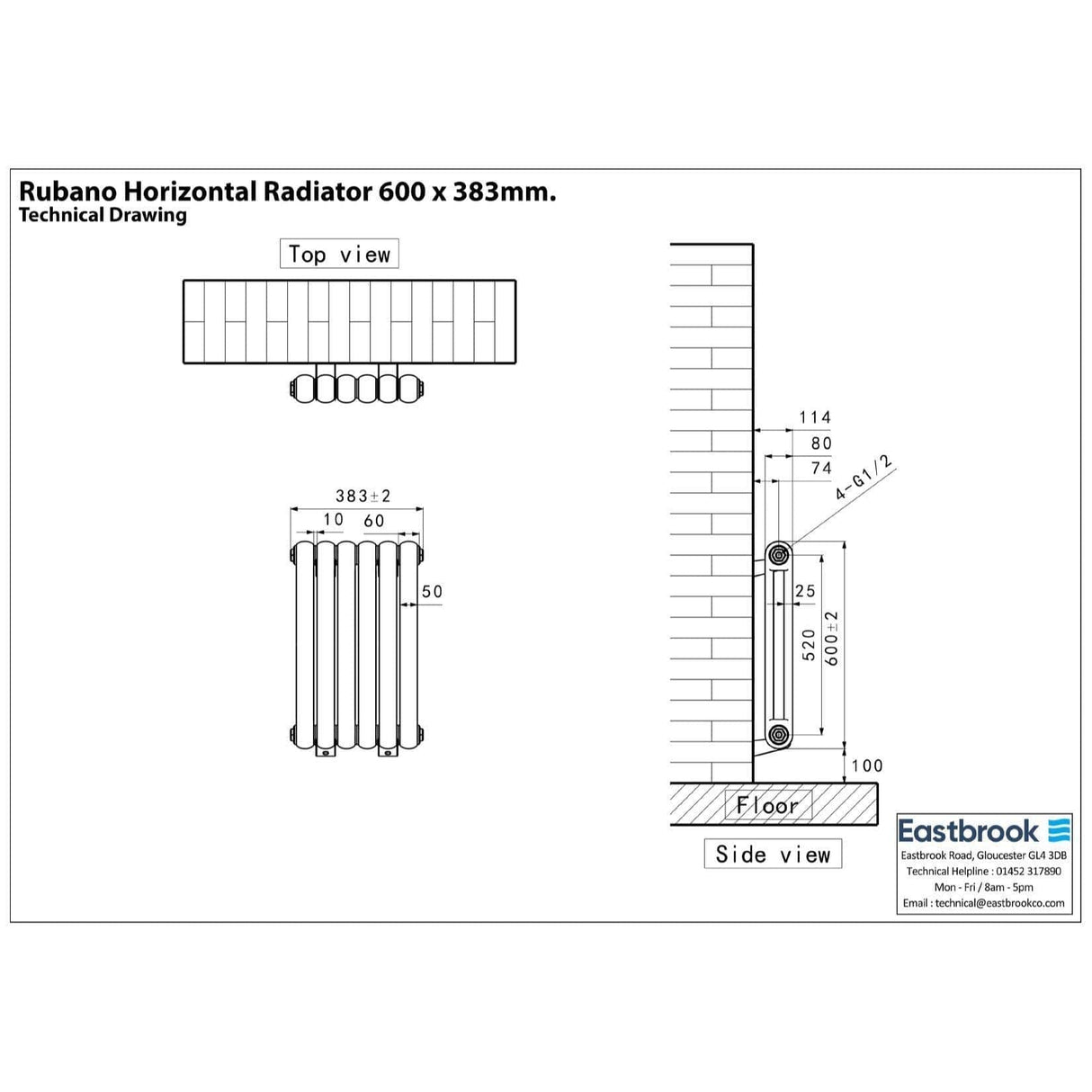 Eastbrook Column Radiator Eastbrook Rubano Straight Horizontal Traditional Column Radiator in Gloss White
