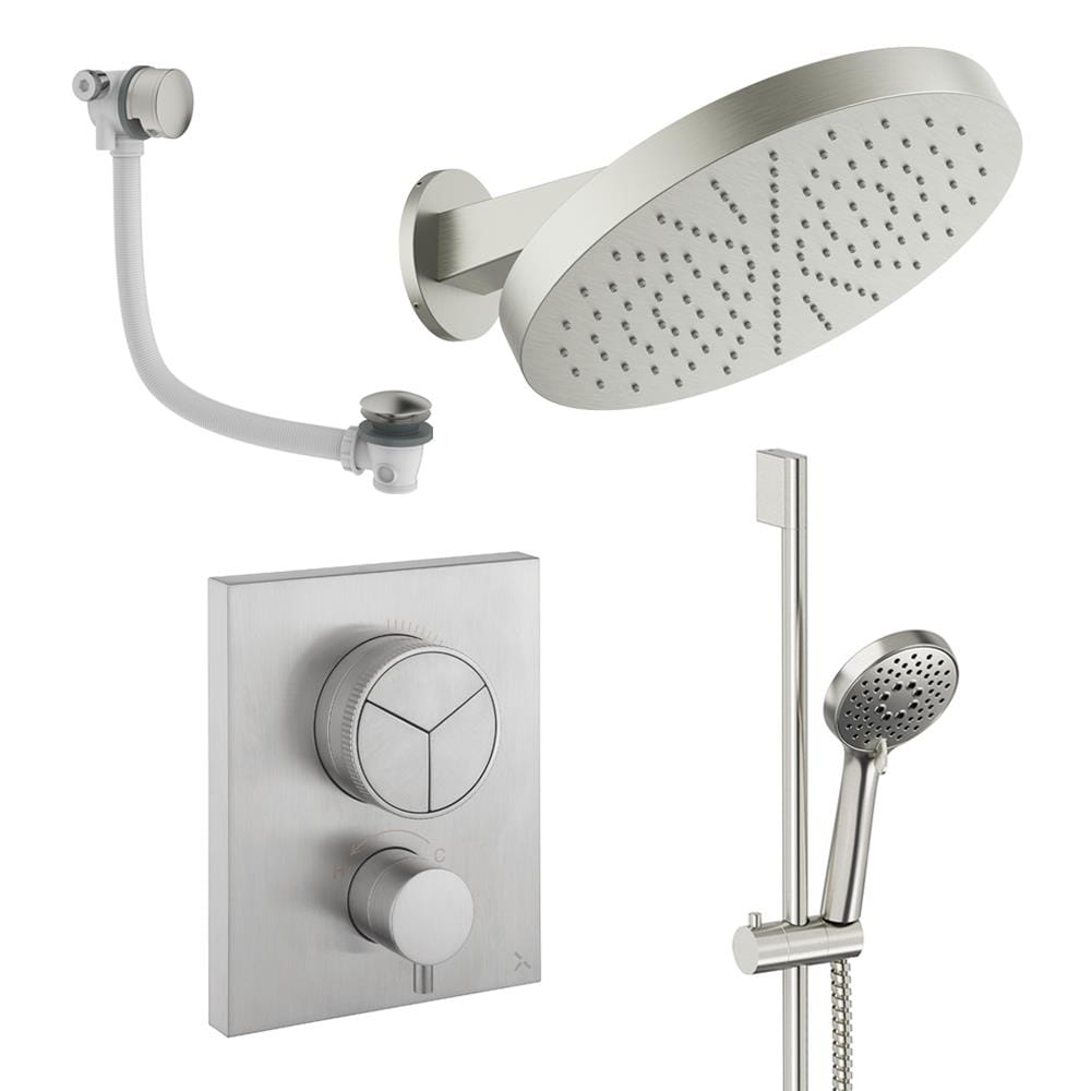 UK Bathroom Store Concealed Shower Set Brushed Nickel Crosswater Crossbox Push Shower Set 10 - 3 Outlet with Revive Steel Overhead Shower, Slide Rail Kit and Overflow Bath Filler Waste