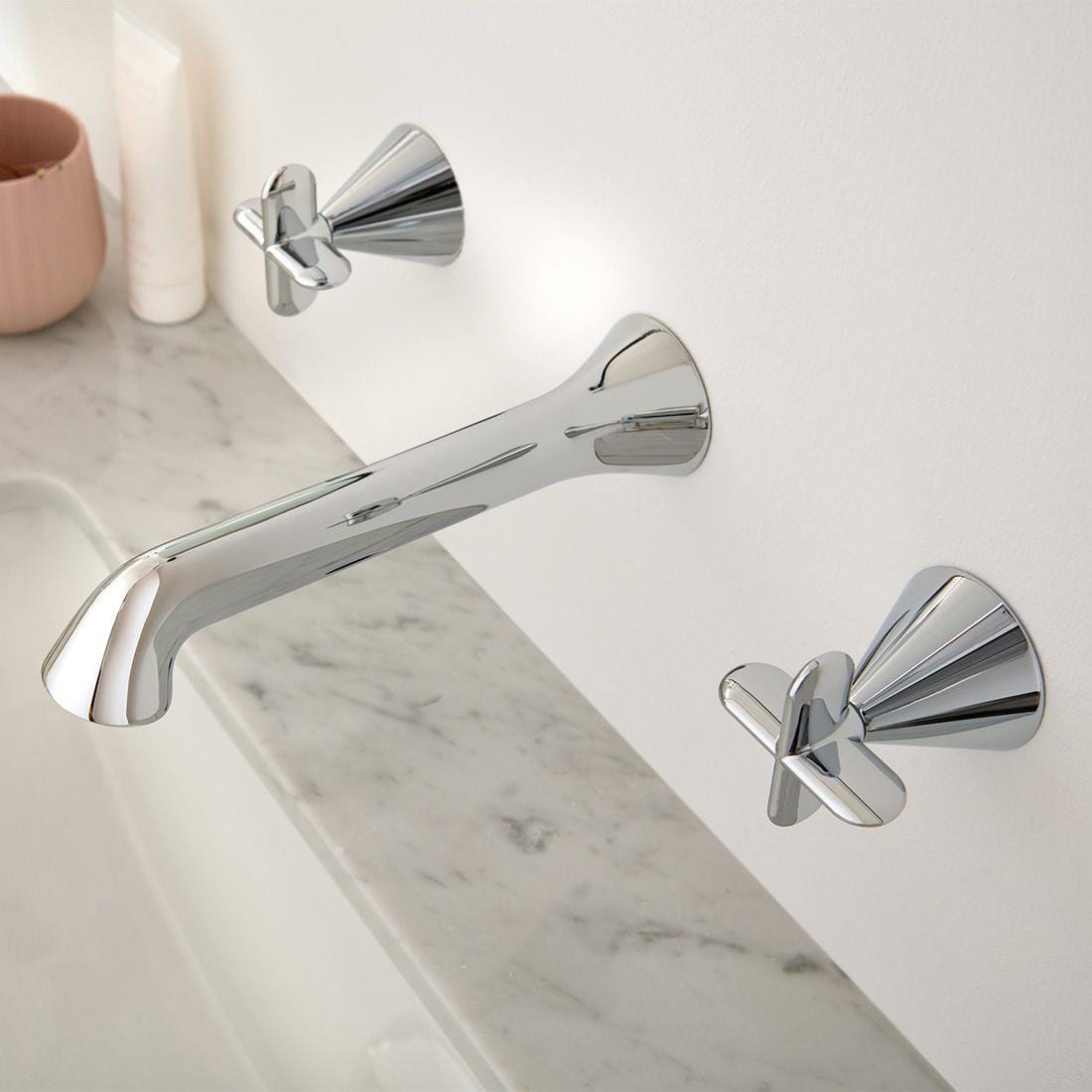 VADO Wall Mounted Basin Tap Vado Arrondi Wall Mounted 3 Hole Cross Handle Basin Mixer Tap in Chrome