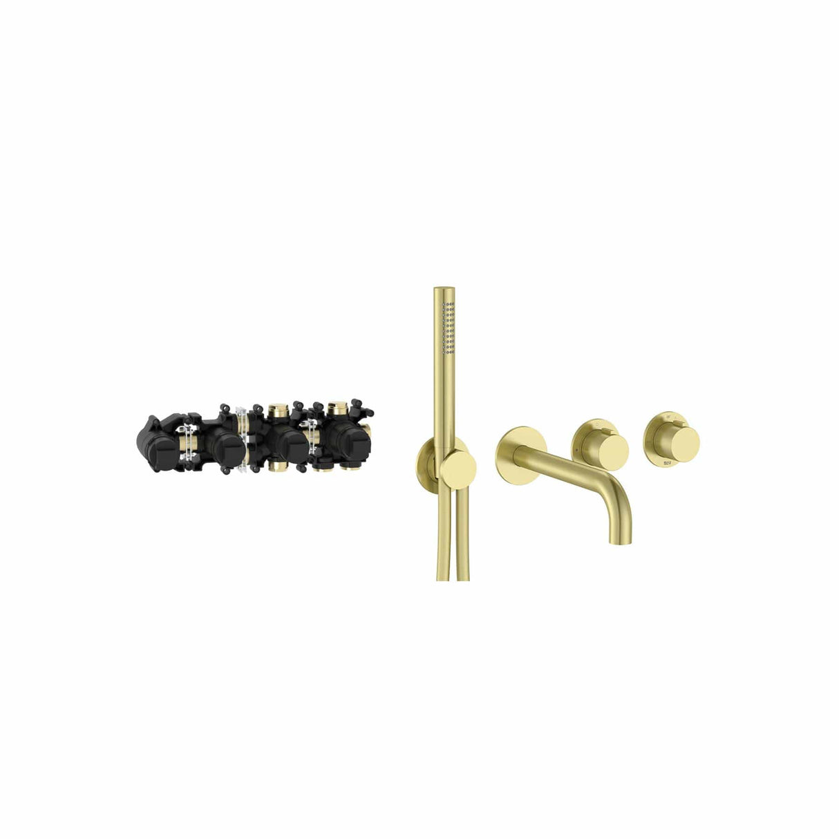 Roca Concealed Shower Set Brushed Brass Roca T-Multi Thermostatic Concealed Shower Valve with Pencil Handset, Holder, Hose and Bath Spout