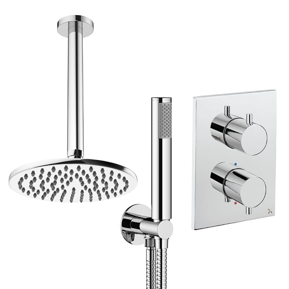 UK Bathroom Store Concealed Shower Set Chrome / Ceiling Arm / 200mm Crosswater Crossbox Shower Set 3 - 2 Outlet with Pencil Handset and Fixed Overhead Shower