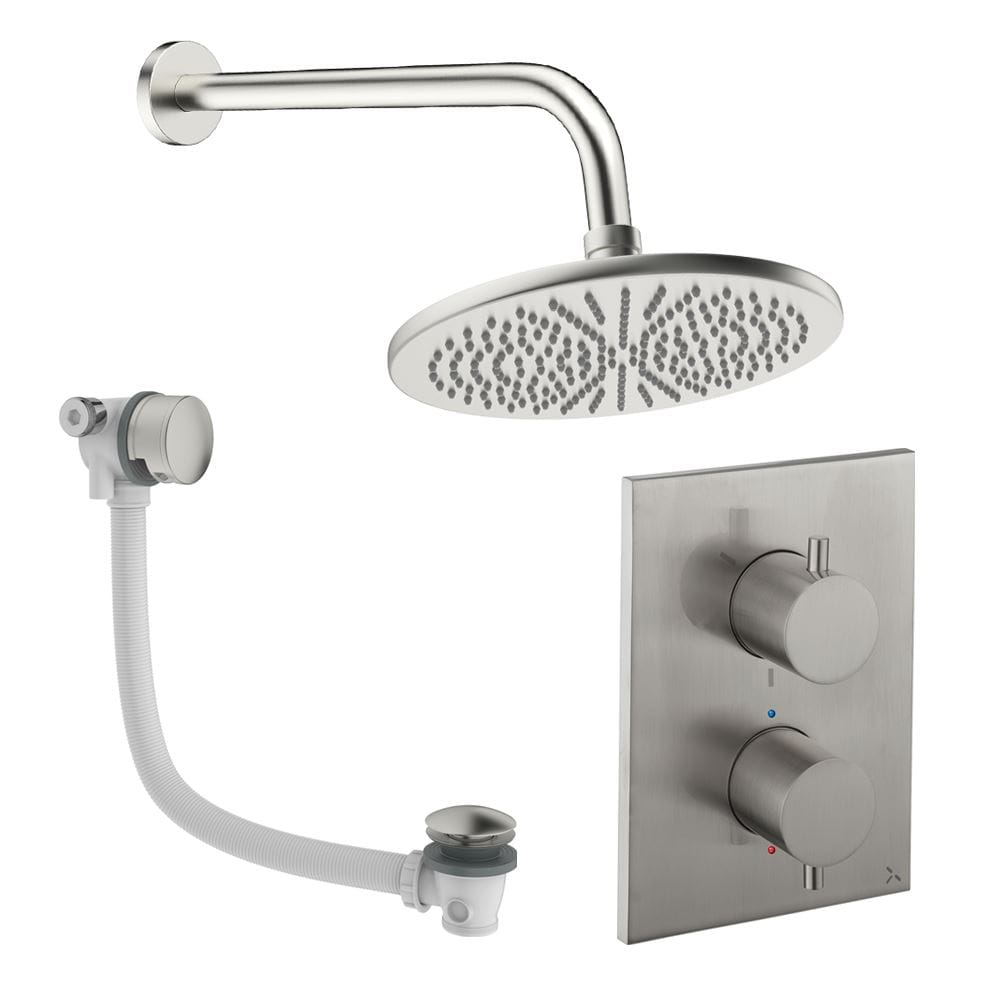 UK Bathroom Store Concealed Shower Set Brushed Nickel / Wall Arm / 300mm Crosswater Crossbox Shower Set 7 - 2 Outlet with Fixed Overhead Shower and Overflow Bath Filler Waste