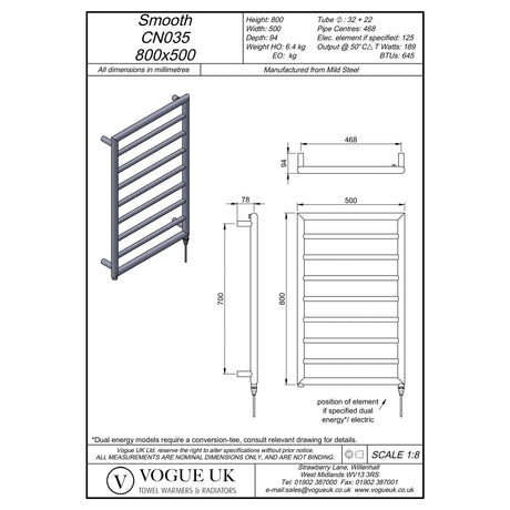 Vogue Designer Towel Radiator 800 x 500 / Central Heating Vogue Smooth Straight Vertical Designer Towel Rail in Chrome