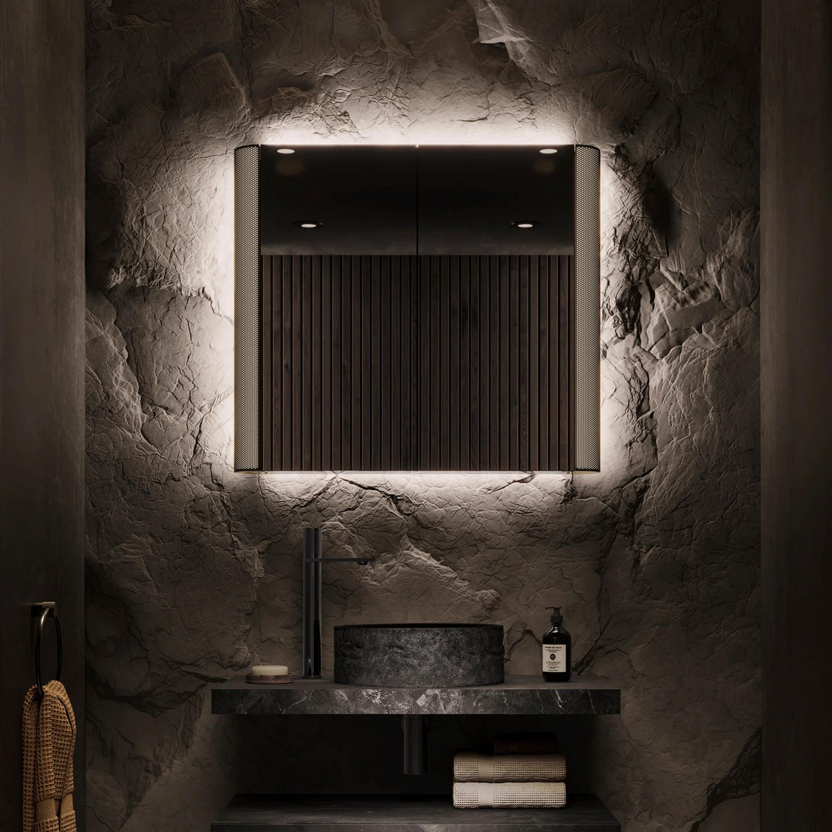 HiB Mirrored Cabinet Black Chrome / 800 x 700mm HiB Bastille Mesh LED Mirror Cabinet