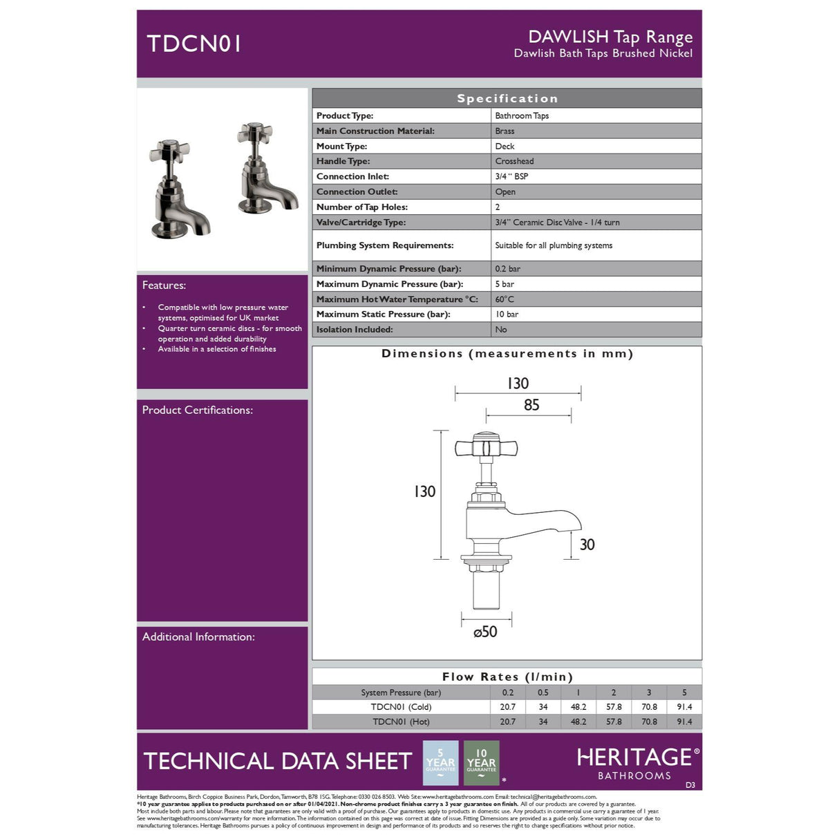 Heritage Dawlish Short Nose Basin Pillar Taps (Pair)
