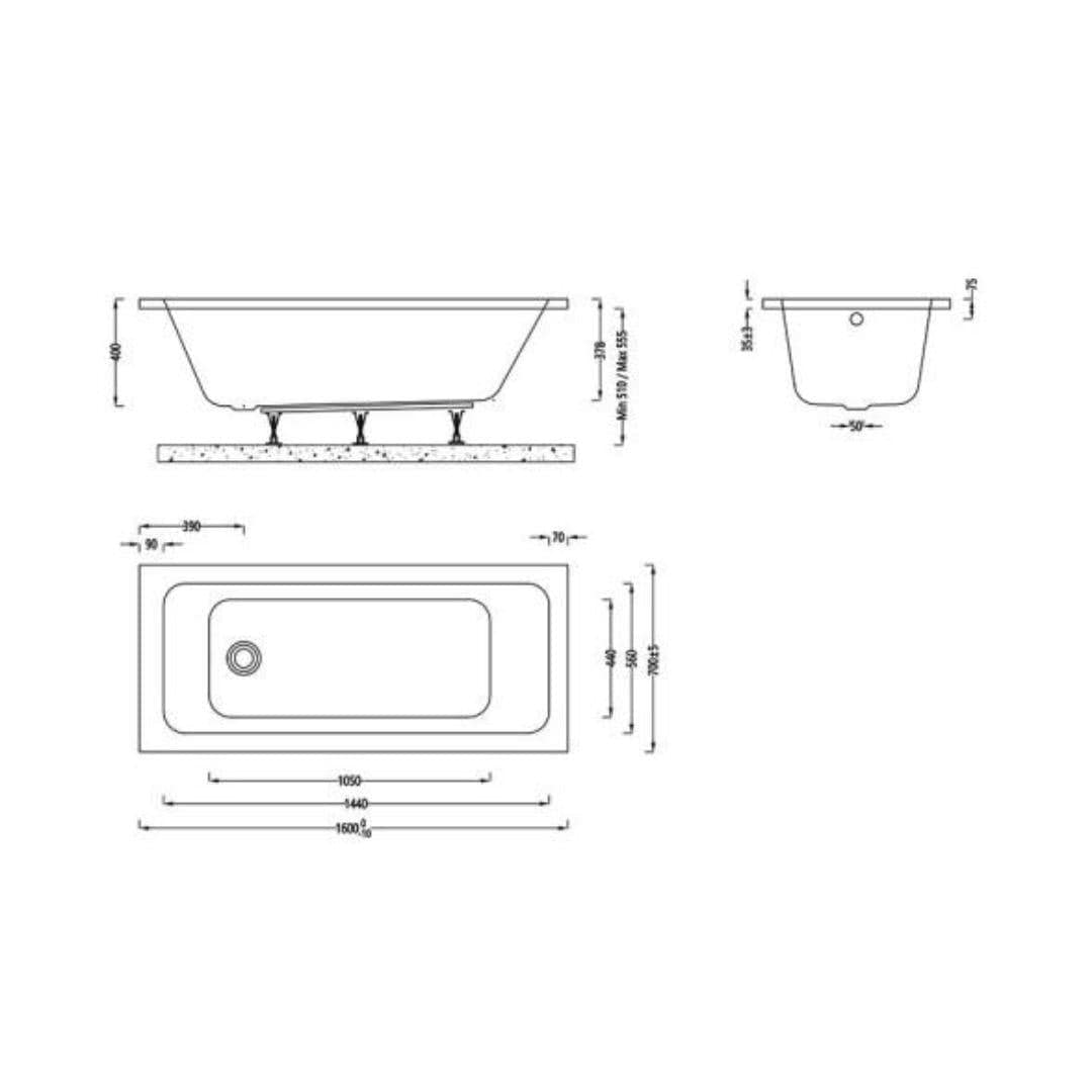 Aquarius Single Ended Bath 1600 x 700mm Aquarius Aaron Single Ended Standard Bath