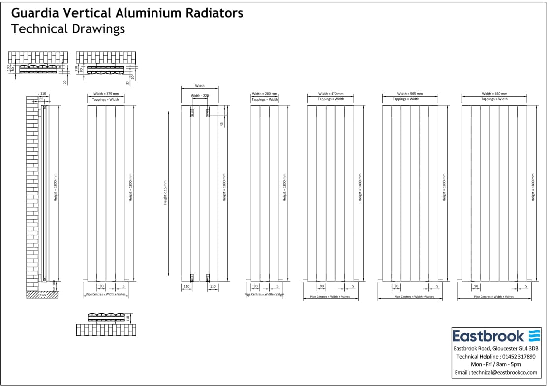Eastbrook Panel Radiator Eastbrook Guardia Straight Vertical Aluminium Radiator in Matt Grey