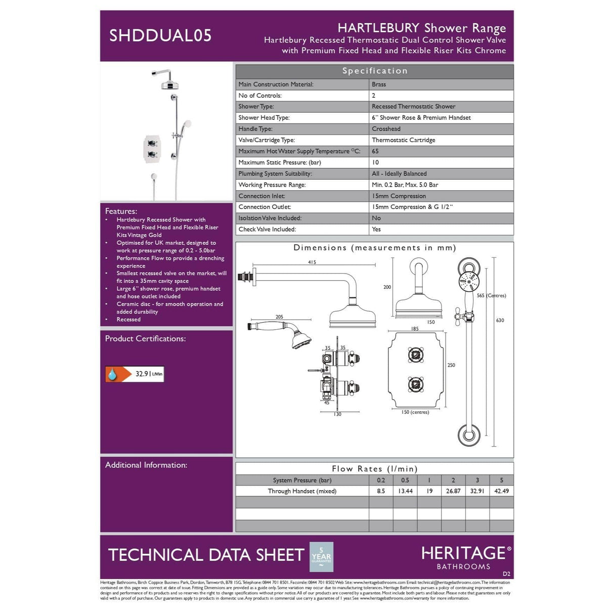 Heritage Concealed Shower Set Heritage Hartlebury Concealed Shower with Deluxe Fixed Head and Premium Flexible Kit