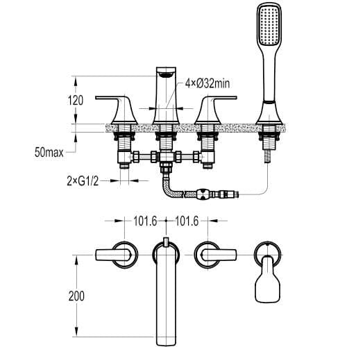 Flova 4 Tap Hole Bath Set Flova Fusion 4 Hole Bath And Shower Mixer Tap with Shower Set in Diamond Chrome