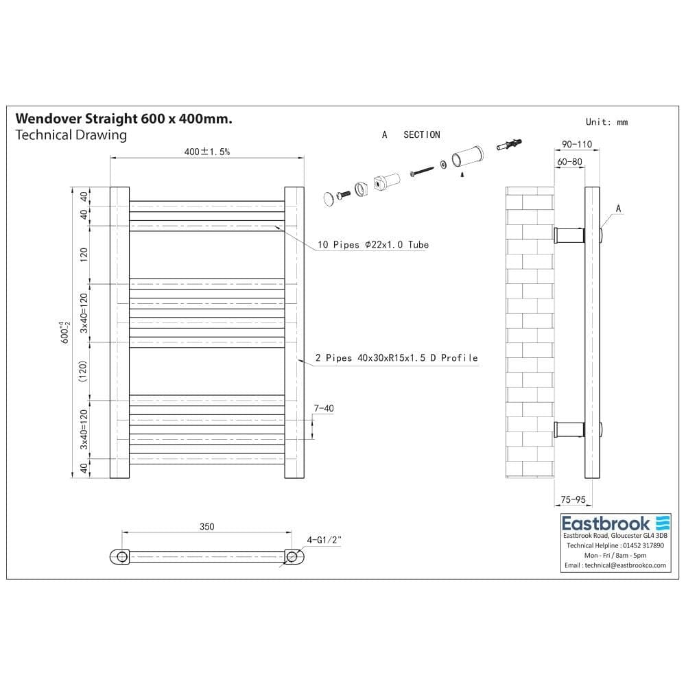 Eastbrook Ladder Rail Eastbrook Wendover Straight Heated Towel Rail in Chrome