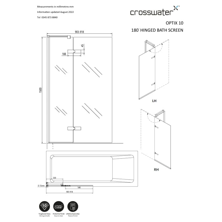 Crosswater Bath Screen Crosswater Optix 10 Bathscreen Single with Inline Panel 900mm