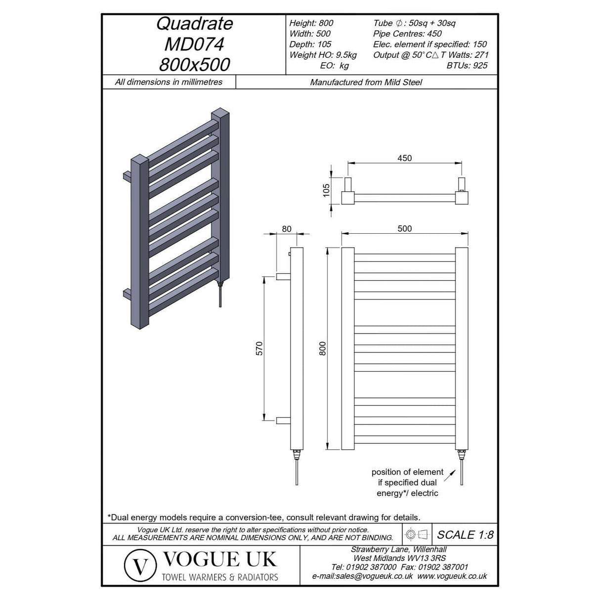 Vogue Designer Towel Radiator 800 x 500 / Dual Fuel Vogue Quadrate Straight Designer Towel Radiator in Chrome