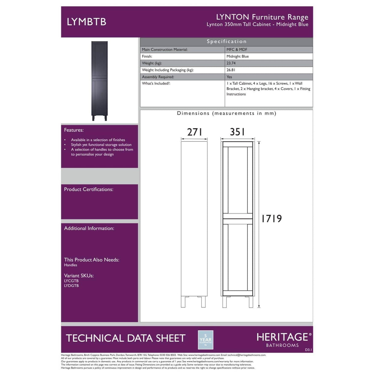 Heritage Storage Unit Heritage Lynton Floor Standing Tall Cabinet 350mm Wide