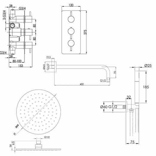 JTP Shower Set JTP VOS Thermostatic Concealed Dual Outlet, 3 Handle Shower Kit with Showerhead and Headset