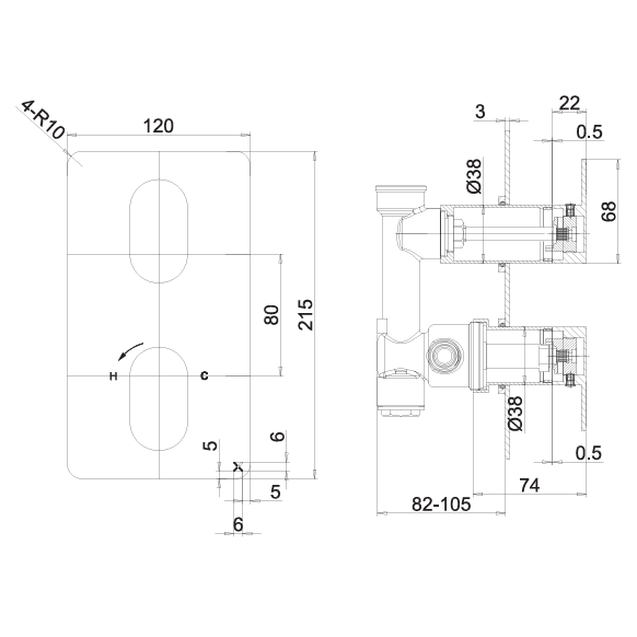 Crosswater Drift 1 Outlet, 2 Handle Vertical Concealed Shower Valve