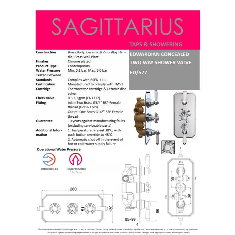 Sagittarius Concealed Shower Valve Sagittarius Edwardian 2 Outlet, 3 Handle Vertical Concealed Thermostatic Shower Valve in Chrome