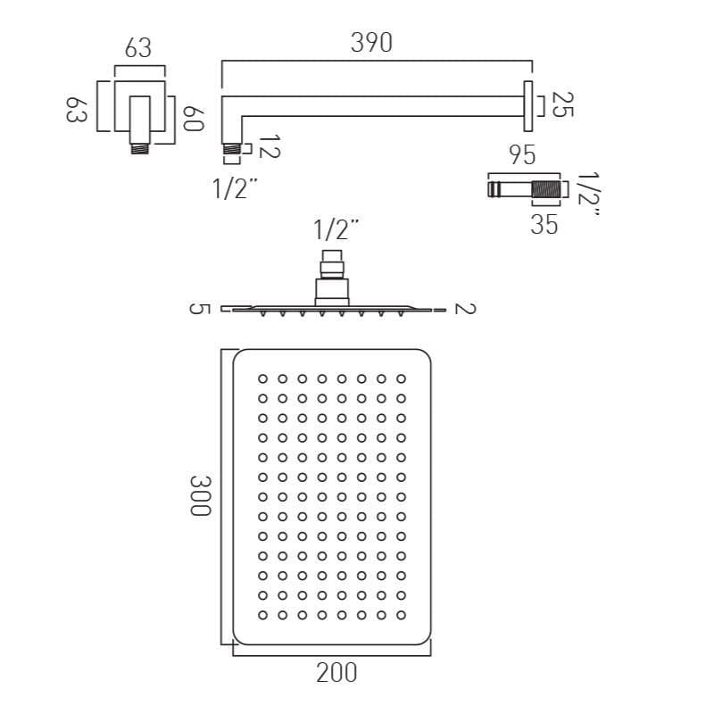 Vado Fixed Shower Head Vado Aquablade 200 x 300mm Rectangular Easy Clean Slimline Shower Head with Arm in Chrome