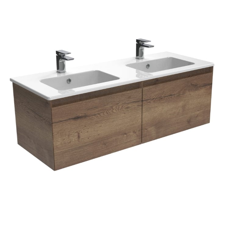Saneux Wall Mounted Vanity Unit English Oak / 0 Hole Saneux Uni Vanity Unit With Double Basin - 1200 x 470mm - Two Drawer - Wall Mounted