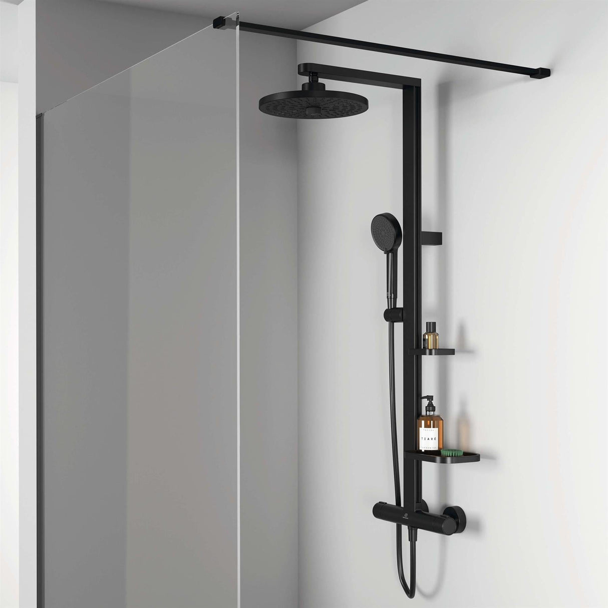 Ideal Standard Exposed Shower Set Ideal Standard Ceratherm ALU+ Exposed Shower Valve Set with Fixed Riser, Showerhead, Handset and Shelves