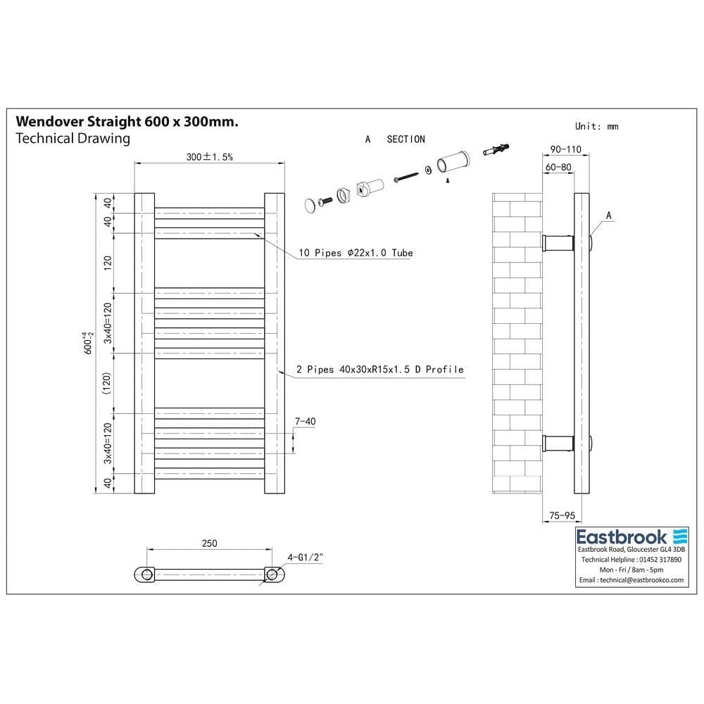 Eastbrook Ladder Rail Eastbrook Wendover Straight Vertical Heated Towel Rail in White