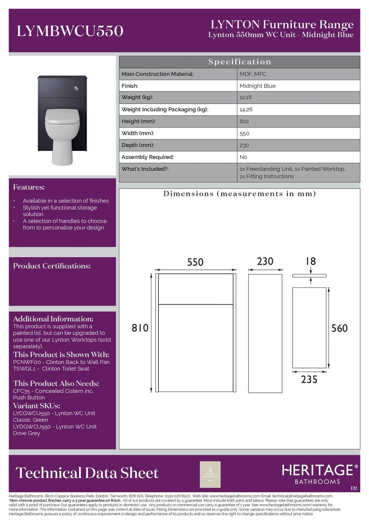 Heritage WC Back to Wall Unit Heritage Lynton WC Unit - 550mm Wide