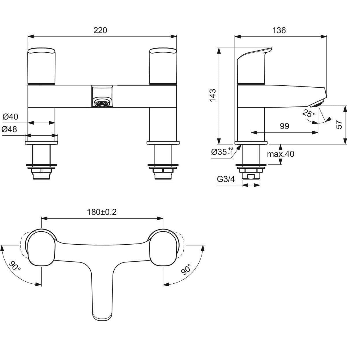 Ideal Standard Bath Mixer Ideal Standard Ceraflex 2 Tap Hole Dual Control Bath Filler Tap in Chrome