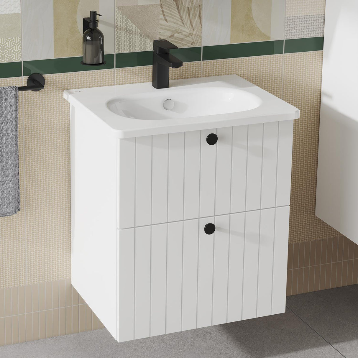 VitrA Wall Mounted Vanity Unit Matt White / Zentrum VitrA Root Groove Wall Mounted 2 Drawer Vanity Unit 600mm with One Tap Hole Basin
