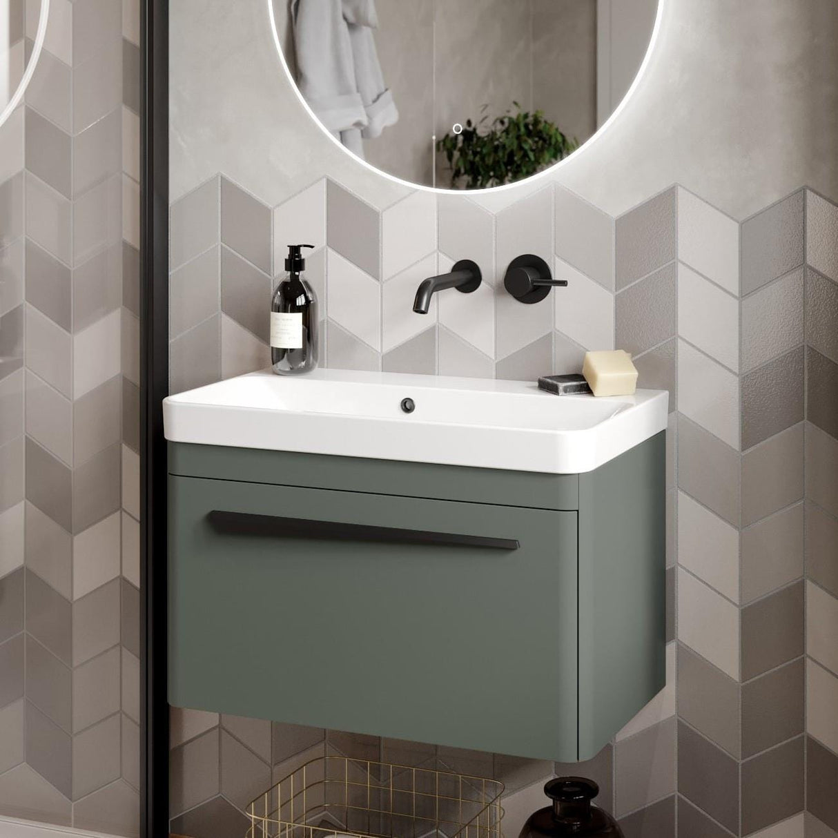 Saneux Wall Mounted Vanity Unit Matte Sage / 0 Hole Saneux Hyde Vanity Unit With Basin - 700 x 370mm - One Drawer - Wall Mounted