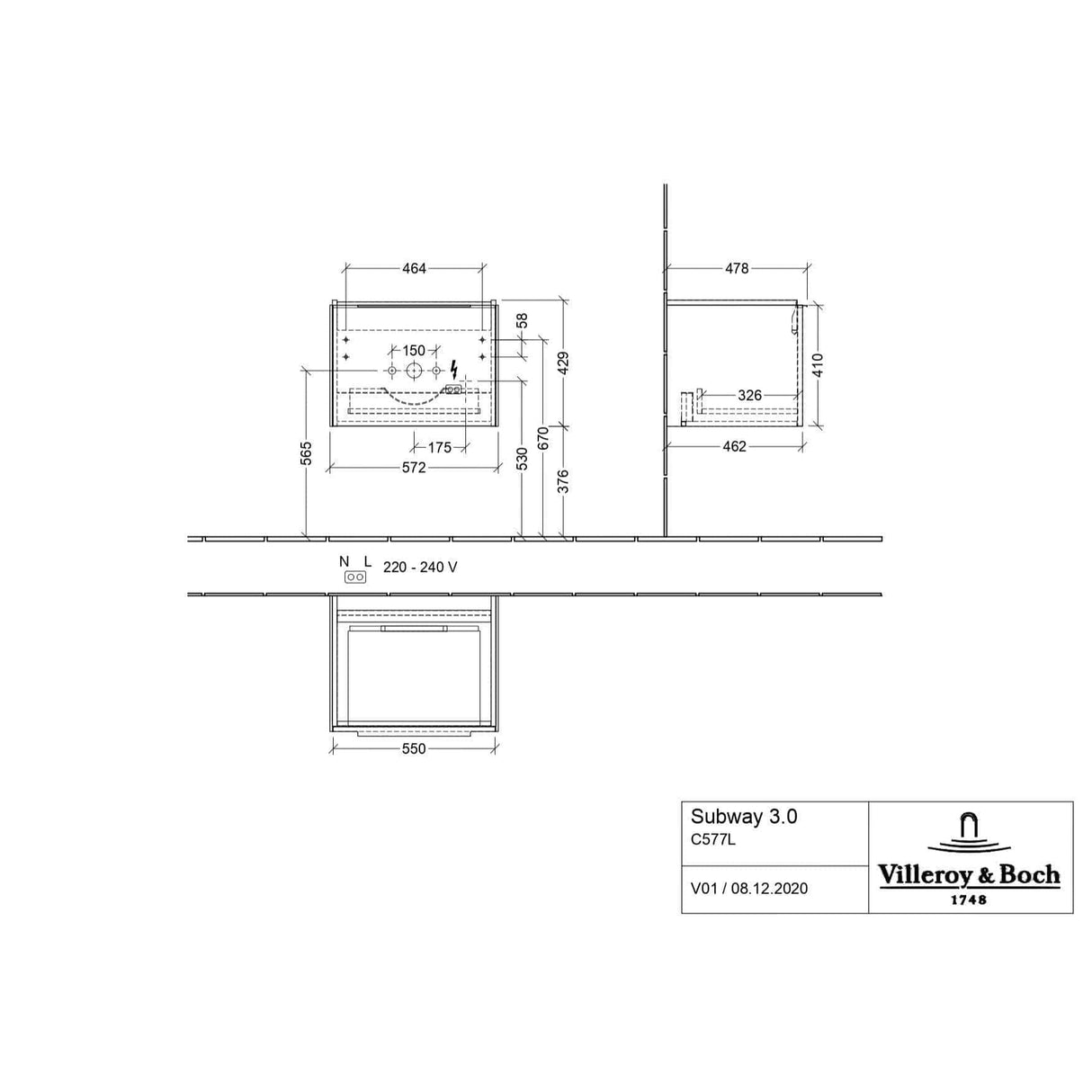 Villeroy & Boch Subway 3.0 Wall Hung 600mm Two Drawer Vanity Unit with Basin