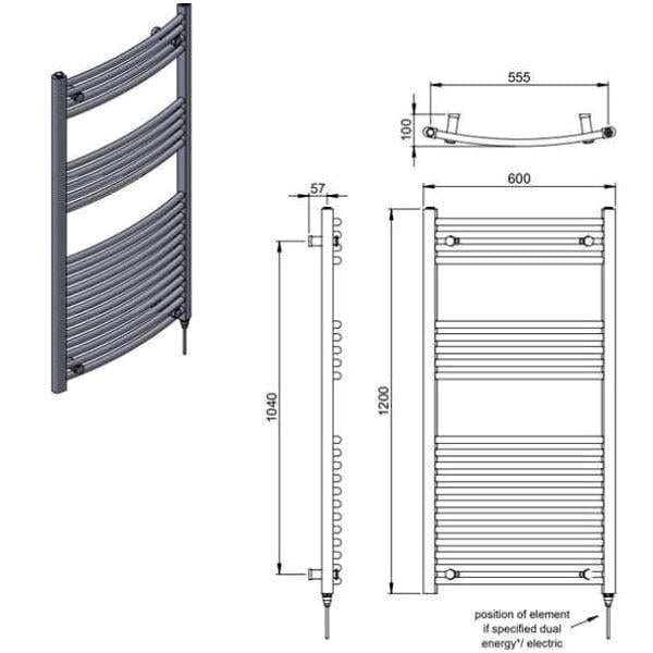 Vogue 1200 x 600 / Dual Fuel Vogue Combes Curved Ladder Towel Rail in Chrome