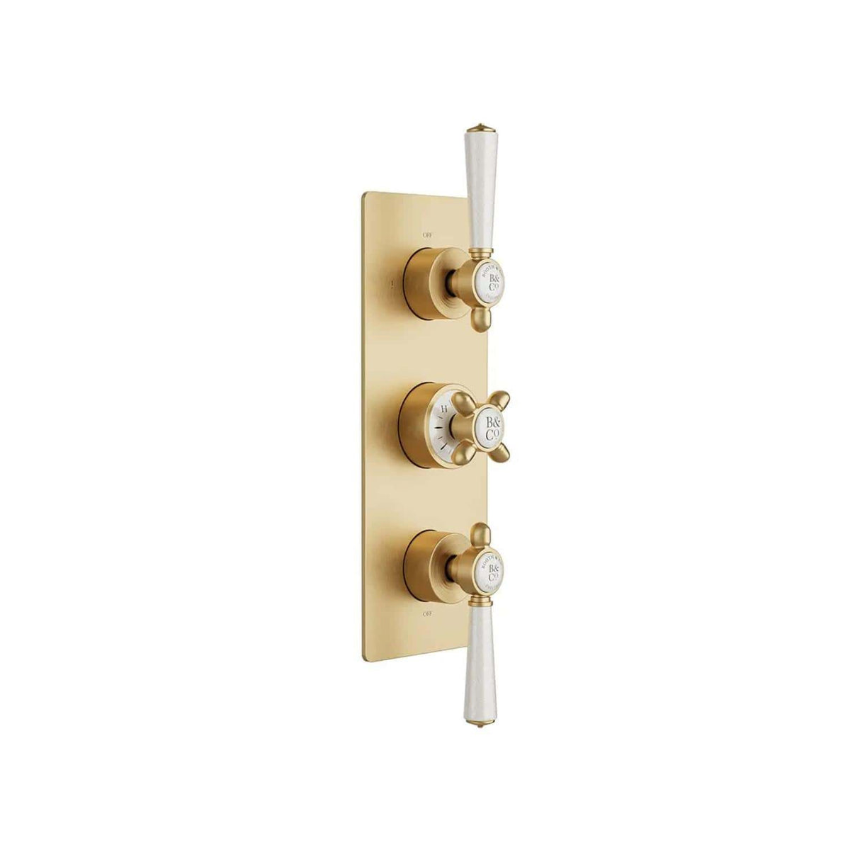 Vado Concealed Shower Valve Brushed Brass/Crackled White Booths & Co. Axbridge 2 Outlet, 3 Handle Concealed Thermostatic Shower Valve