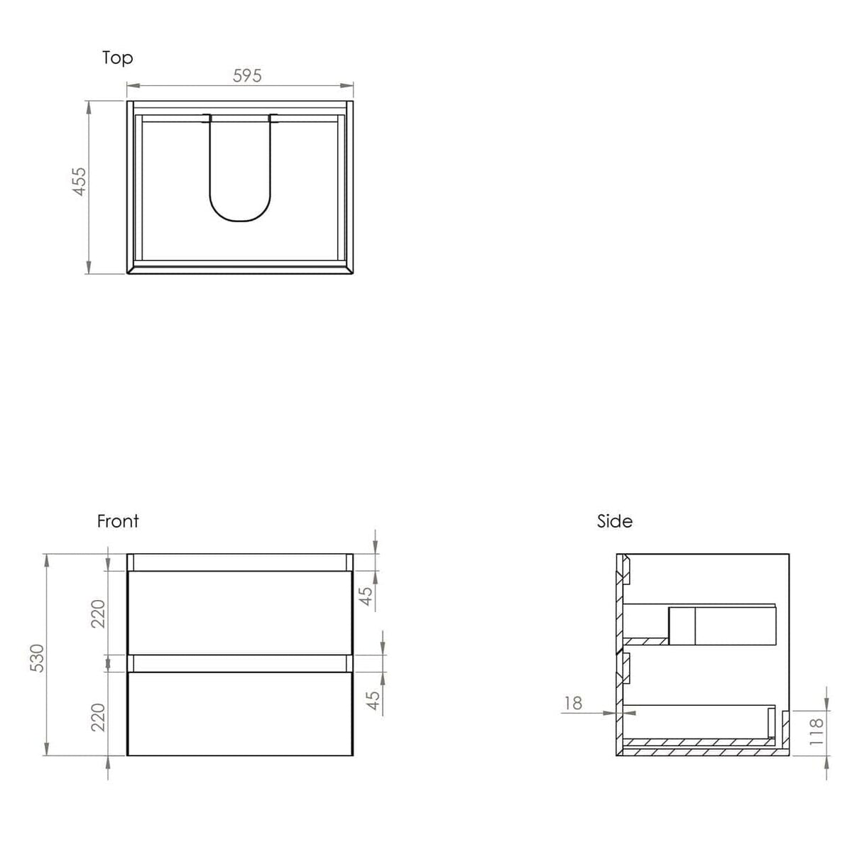 Saneux Wall Mounted Vanity Unit Saneux Uni Vanity Unit With Basin - 600 x 470mm - Two Drawer - Wall Mounted