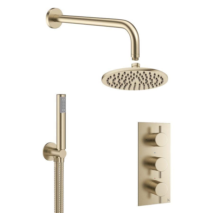Crosswater Concealed Shower Set Brushed Brass / 200mm Shower Head Crosswater MPRO 2 Outlet 3 Handle Thermostatic Shower Valve with Kit