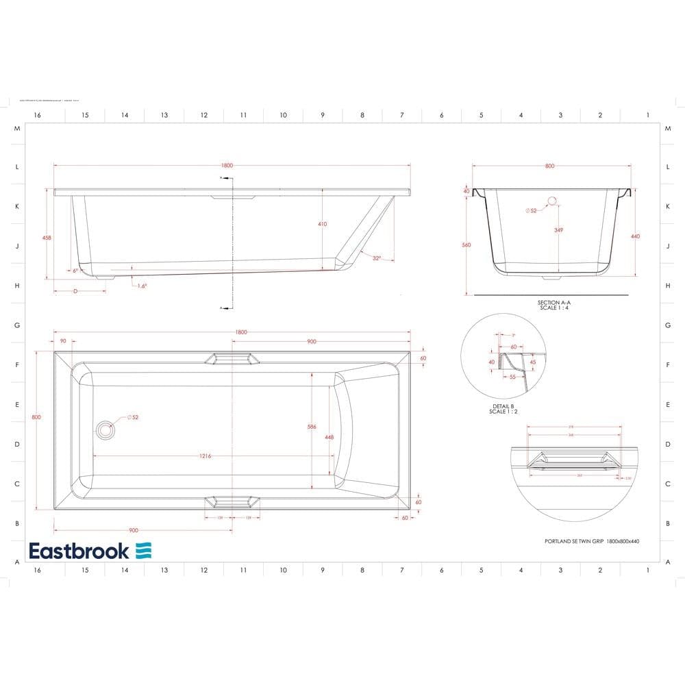 Eastbrook Double Ended Bath 1800 x 800mm / 5mm Eastbrook Portland Double Ended Bath with Single Grip