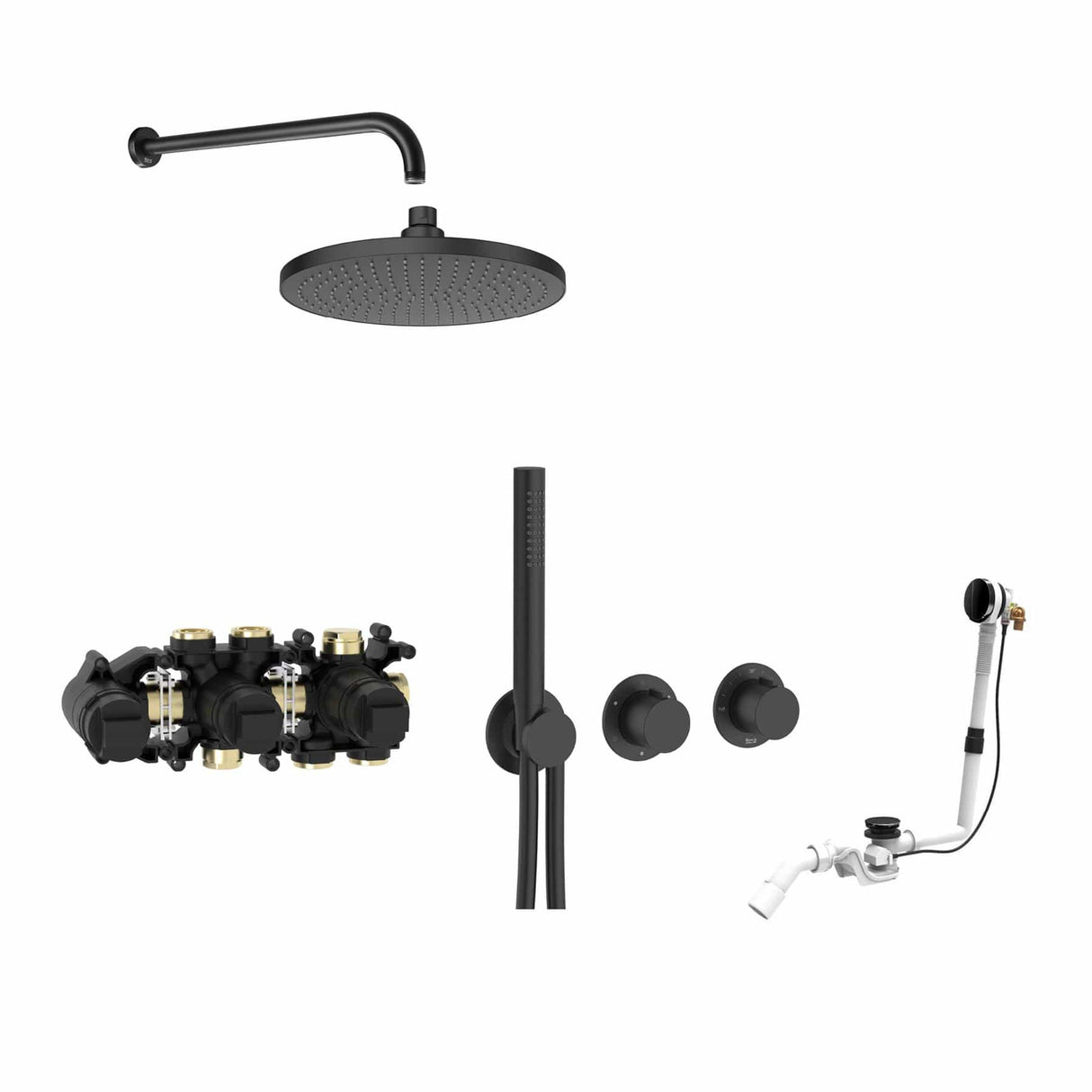 Roca Concealed Shower Set Matt Black Roca T-Multi Thermostatic Concealed Shower Valve with Rainshower Head, Pencil Handset and Overflow Bath Filler