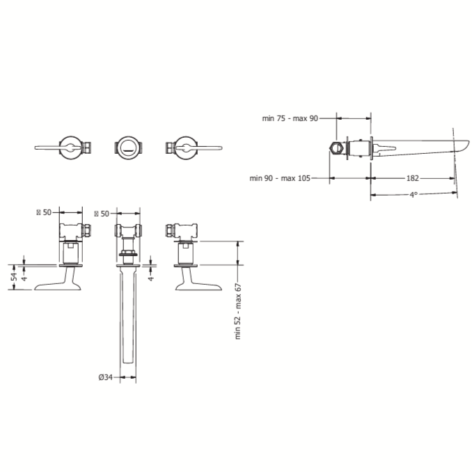 Crosswater Foile 3 Hole Wall Mounted Basin Mixer Tap