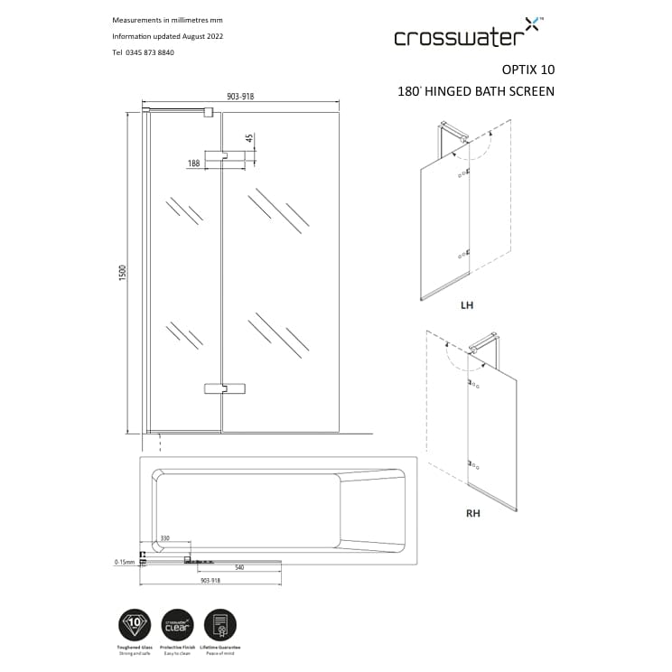 Crosswater Bath Screen Crosswater Optix 10 Bathscreen Single with Inline Panel 900mm